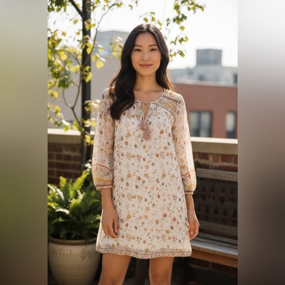 JOIE 100% Silk Beige Floral Boho
Peasant Sheer 3/4 Sleeve Blouse/Top (Size M) - Picture 1 of 9